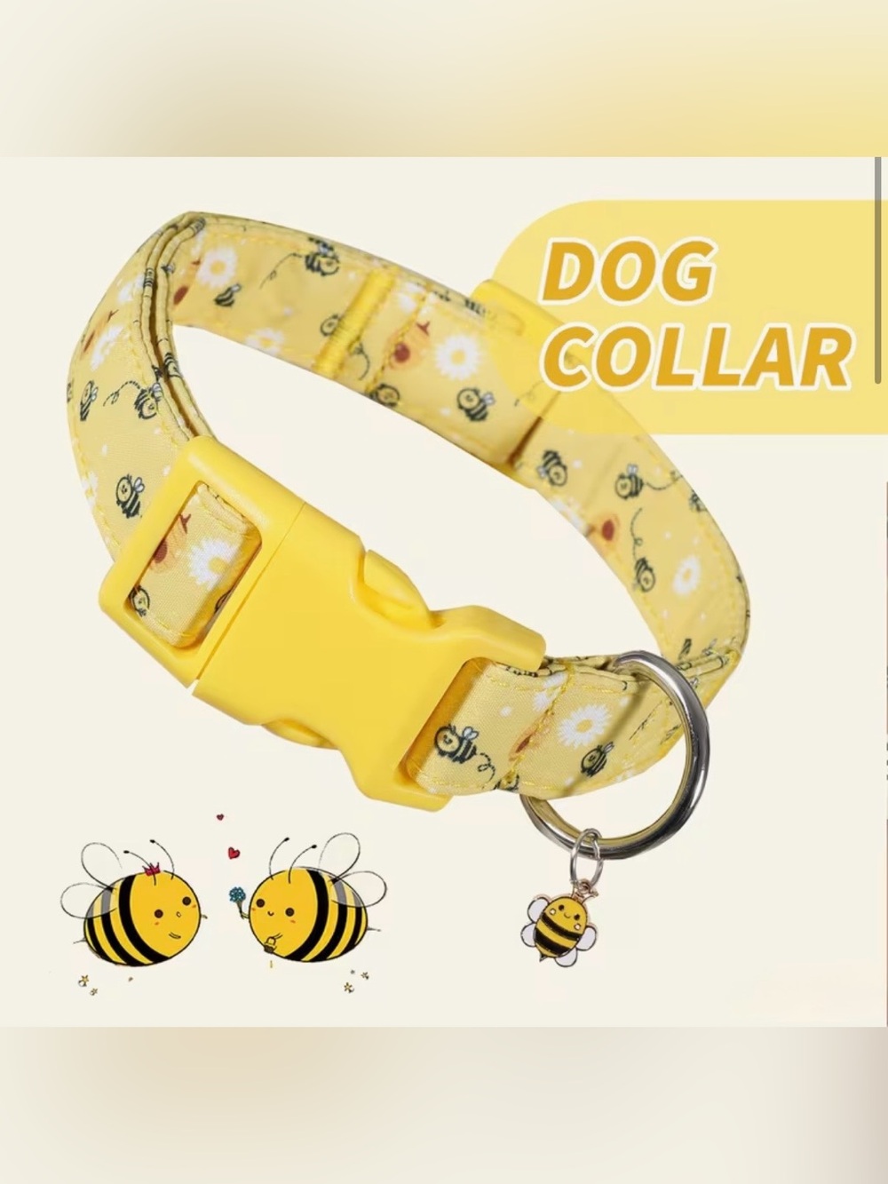 Yellow Bee Print Adjustable Dog Collar with bee charm. 🐝 XS or Medium sizes - Picture 3 of 7
